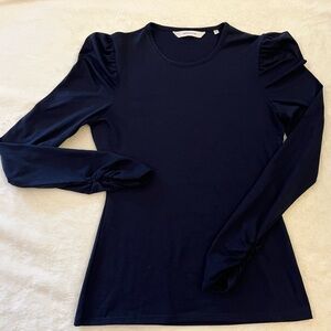 Rebecca Taylor Navy Blue Long Sleeve Top XS Ruched Puffed Shoulder Crew Neck